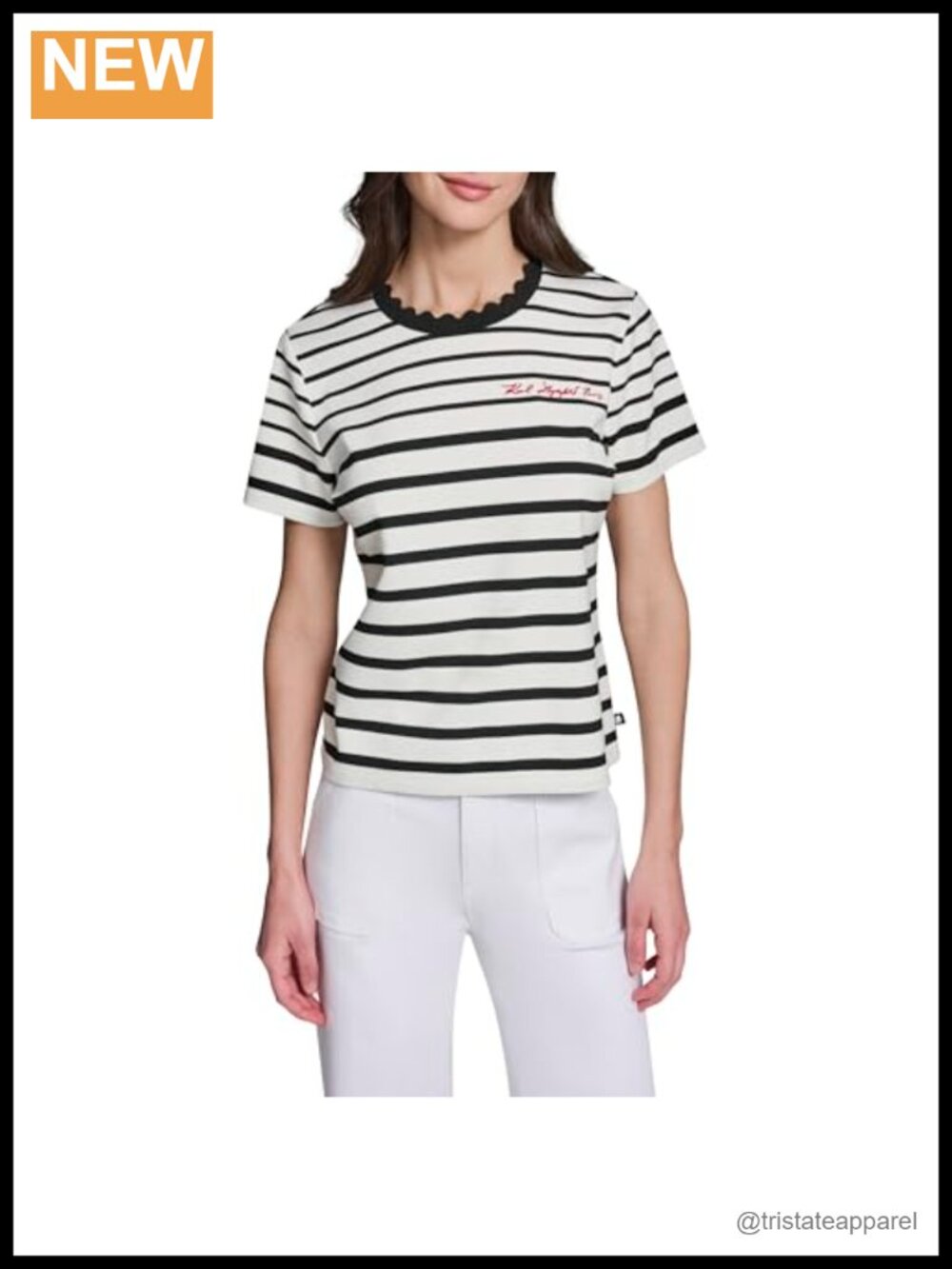 Karl Lagerfeld Striped Scallop Trim Blouse - Women's Cap Sleeve